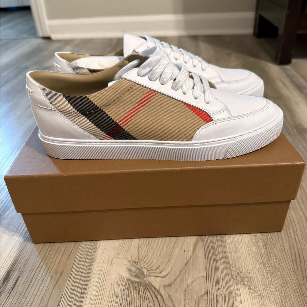 Burberry White and Tan Designer Sneakers